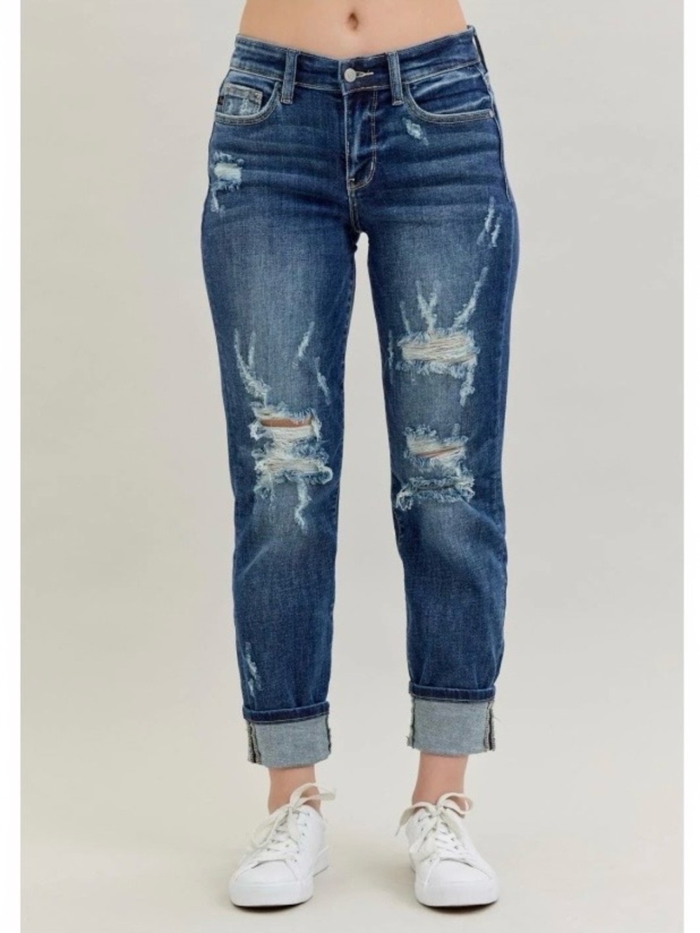 Judy Blue 5/27 Mid Rise Cuffed Destroyed Boyfriend Fit Jeans Distressed Denim